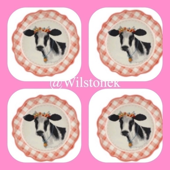 ❣️The Pioneer Woman set of four 7 inch novelty Cow Gingham scalloped pla… - Picture 1 of 7